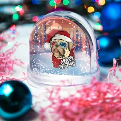 Игрушка Снежный шар Мопс новогодний в очках - Счастливого рождества - фото 2