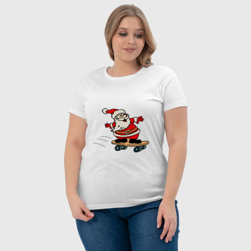 Женская футболка хлопок Санта на скейтборде, цвет белый - фото 6