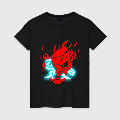 Женская футболка хлопок с принтом Cyberpunk neon samurai, вид спереди #2