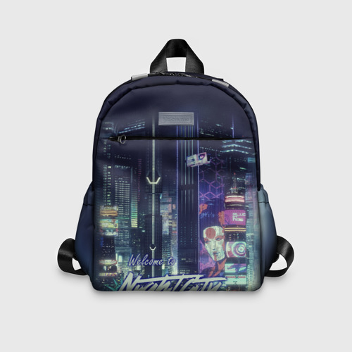 Детский рюкзак 3D с принтом Welcome to Night City, вид спереди #2