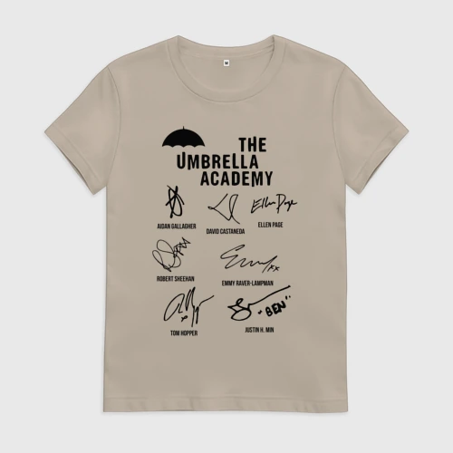 Женская футболка хлопок с принтом АК Амбрелла автографы актёров, вид спереди #2