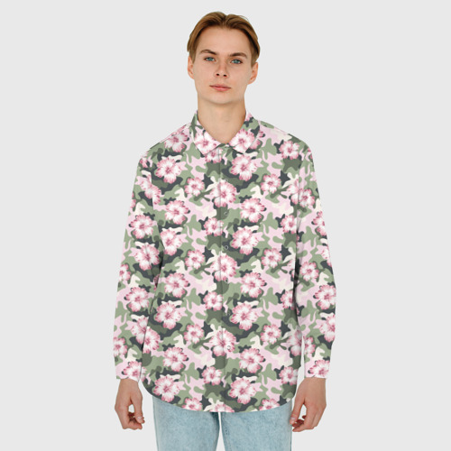 Мужская рубашка oversize 3D с принтом Камуфляж из цветов, фото на моделе #1