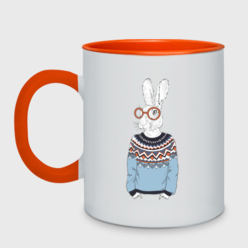 Кружка двухцветная с принтом Кролик в свитере и очках, вид спереди #2