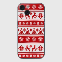 Чехол для iPhone 15 силиконовый с защитой камеры Новый Год Олени и снежинки