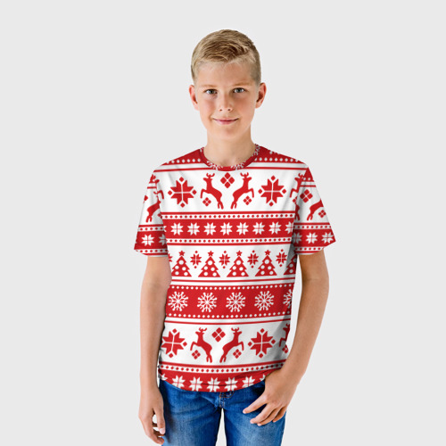 Детская футболка 3D с принтом Новый Год | Олени и снежинки, фото на моделе #1