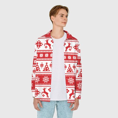 Мужская рубашка oversize 3D с принтом Новый Год Олени и снежинки, вид сбоку #3