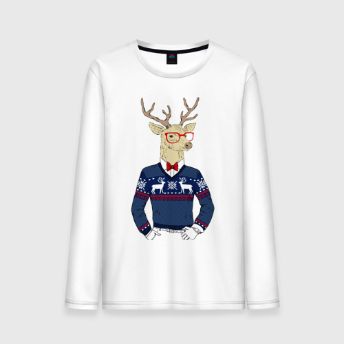 Мужской лонгслив хлопок Hipster Deer Новогодний Олень Хипстер 2022, цвет белый