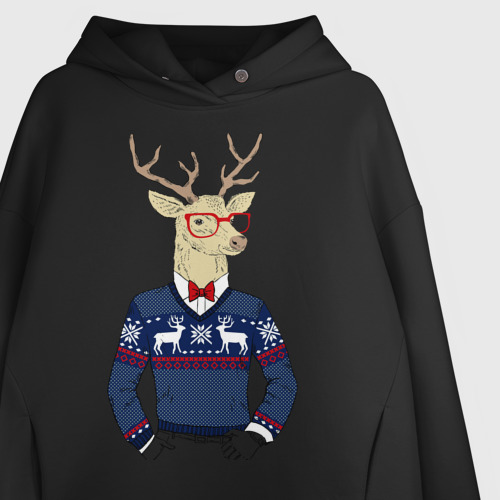 Женское худи Oversize хлопок Hipster Deer Новогодний Олень Хипстер 2022, цвет черный - фото 3