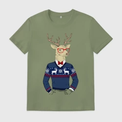 Мужская футболка хлопок Hipster Deer в свитере - Новогодний Олень Хипстер