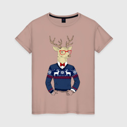 Женская футболка хлопок Hipster Deer Новогодний Олень Хипстер 2022