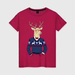 Женская футболка хлопок Hipster Deer Новогодний Олень Хипстер 2022