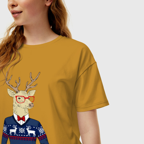 Женская футболка хлопок Oversize Hipster Deer Новогодний Олень Хипстер 2022, цвет горчичный - фото 3