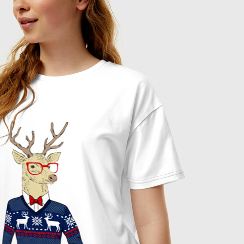 Женская футболка хлопок Oversize Hipster Deer Новогодний Олень Хипстер 2022, цвет белый - фото 3