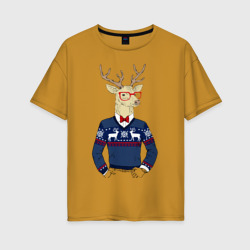 Женская футболка хлопок Oversize Hipster Deer Новогодний Олень Хипстер 2022