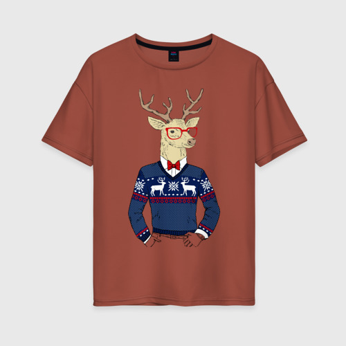 Женская футболка хлопок Oversize Hipster Deer Новогодний Олень Хипстер 2022, цвет кирпичный