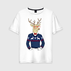 Женская футболка хлопок Oversize Hipster Deer | Новогодний Олень Хипстер 2022