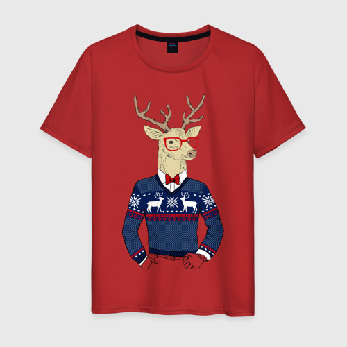 Мужская футболка хлопок Hipster Deer Новогодний Олень Хипстер 2022, цвет красный