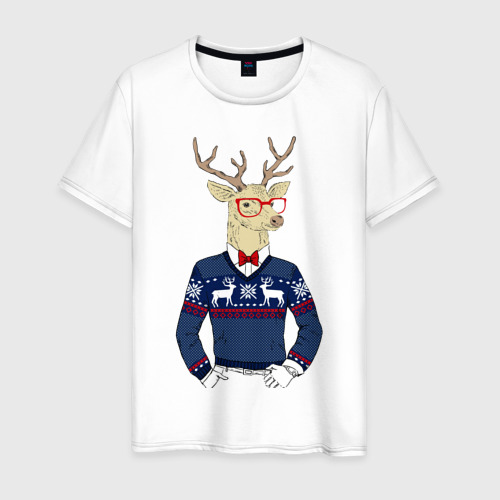 Мужская футболка из хлопка с принтом Hipster Deer Новогодний Олень Хипстер 2022, вид спереди №1