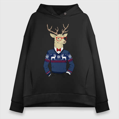 Женское худи Oversize хлопок Hipster Deer Новогодний Олень Хипстер 2022, цвет черный