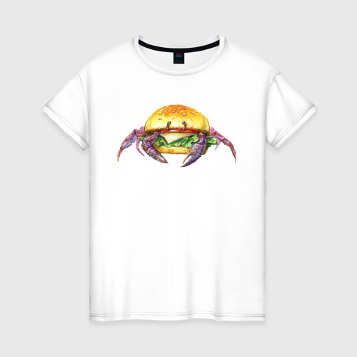 Женская футболка из хлопка с принтом Краб-бургер, вид спереди №1