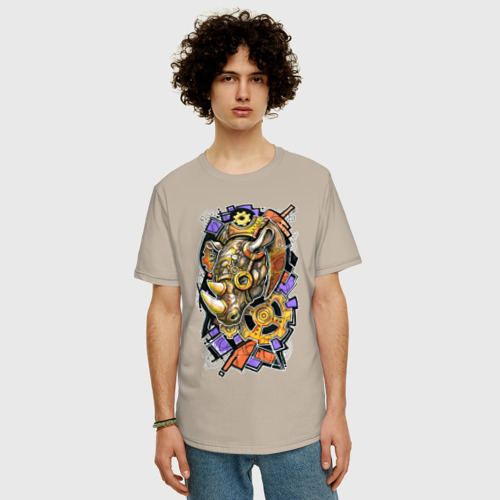 Мужская футболка хлопок Oversize Носорог механический, цвет миндальный - фото 3