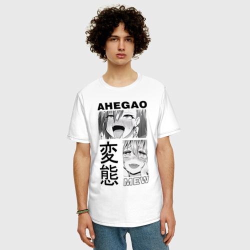 Мужская футболка хлопок Oversize Ahegao mew black, цвет белый - фото 3