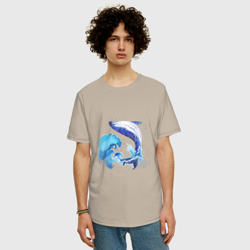 Мужская футболка хлопок Oversize Акварельный кит, цвет миндальный - фото 3