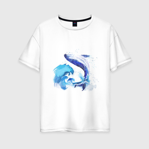 Женская футболка из хлопка оверсайз с принтом Акварельный кит, вид спереди №1