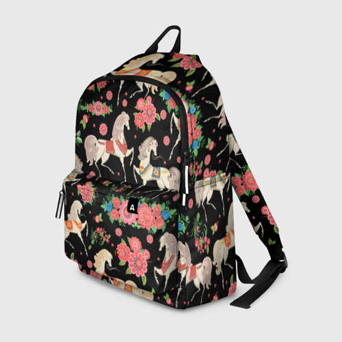 Рюкзак 3D с принтом Лошади и цветы, вид спереди #2