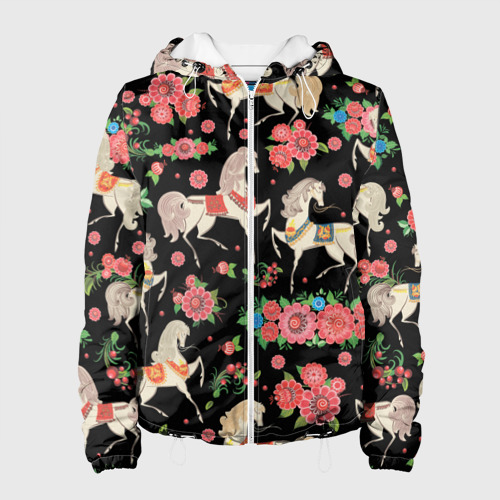 Женская куртка 3D Лошади и цветы, цвет белый