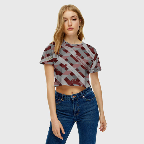 Женская футболка Crop-top 3D Красная решётка, цвет 3D печать - фото 4