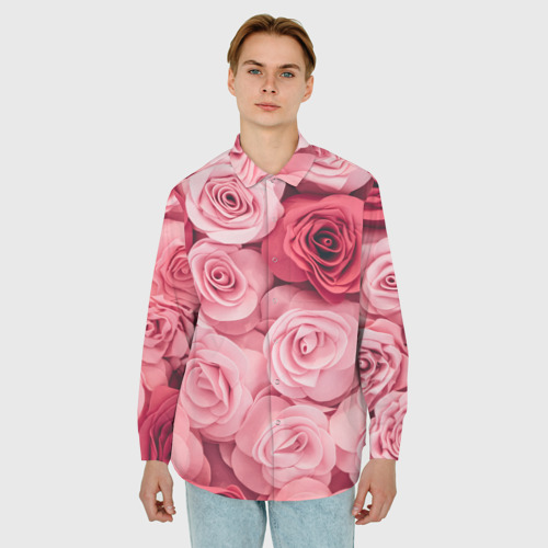 Мужская рубашка oversize 3D с принтом Розовые Розы, фото на моделе #1