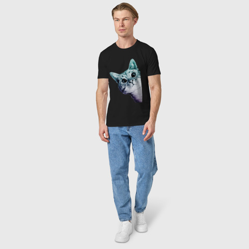 Мужская футболка хлопок с принтом Любопытный кот, вид сбоку #3