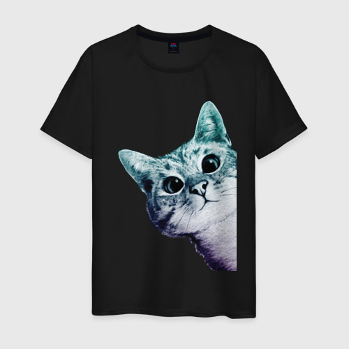 Мужская футболка хлопок с принтом Любопытный кот, вид спереди #2