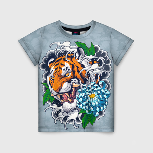 Детская футболка 3D с принтом Грозный Тигр в цветах (голова), вид спереди #2