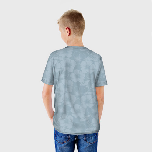 Детская футболка 3D с принтом Грозный Тигр в цветах (голова), вид сзади #2