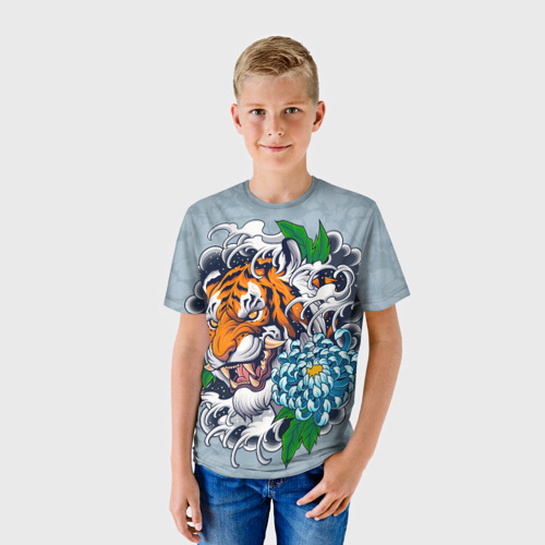 Детская футболка 3D с принтом Грозный Тигр в цветах (голова), фото на моделе #1