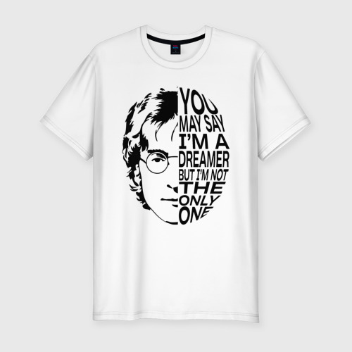 Мужская приталенная футболка из хлопка с принтом Джон Леннон, цитата Imagine, вид спереди №1