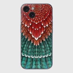 Чехол для iPhone 15 силиконовый с защитой камеры Оперение зимородка красно-бирюзовое