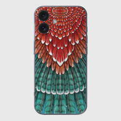 Чехол для iPhone 16 силиконовый с защитой камеры Оперение зимородка красно-бирюзовое