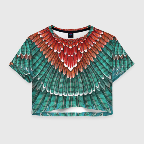 Женская футболка Crop-top 3D Оперение зимородка красно-бирюзовое, цвет 3D печать