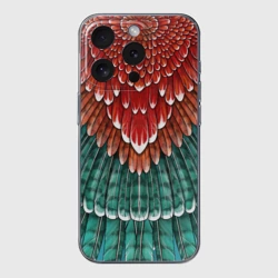 Чехол для iPhone 15 Pro Max силиконовый с защитой камеры Оперение зимородка красно-бирюзовое