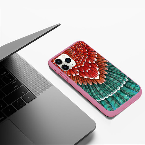 Чехол для iPhone 11 Pro Max матовый Оперение зимородка красно-бирюзовое, цвет малиновый - фото 5