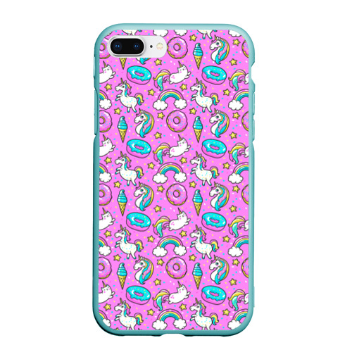 Чехол для iPhone 7Plus/8 Plus матовый Единороги и пончики, цвет мятный