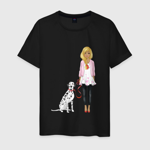 Мужская футболка хлопок Девушка с собакой, цвет черный