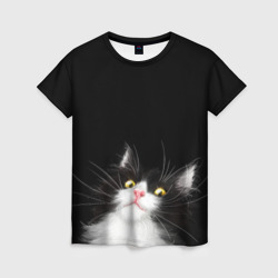 Женская футболка 3D Кот чёрный с белой мордочкой