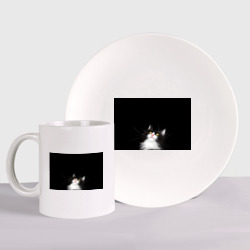 Набор: тарелка + кружка Кот чёрный с белой мордочкой