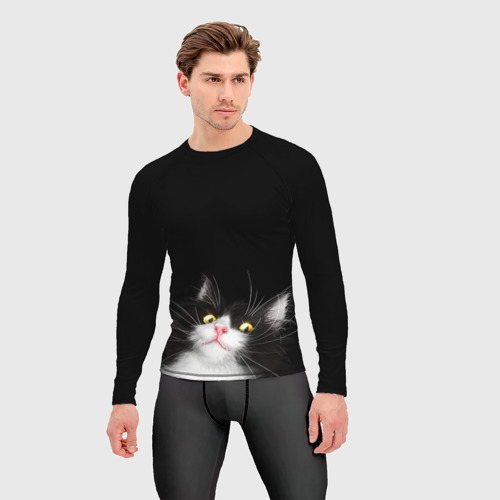 Мужской рашгард 3D Кот чёрный с белой мордочкой, цвет 3D печать - фото 3