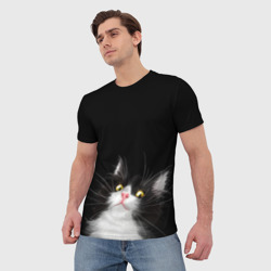 Мужская футболка 3D Кот чёрный с белой мордочкой - фото 2