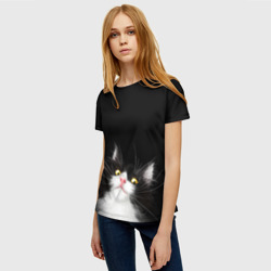 Женская футболка 3D Кот чёрный с белой мордочкой - фото 2